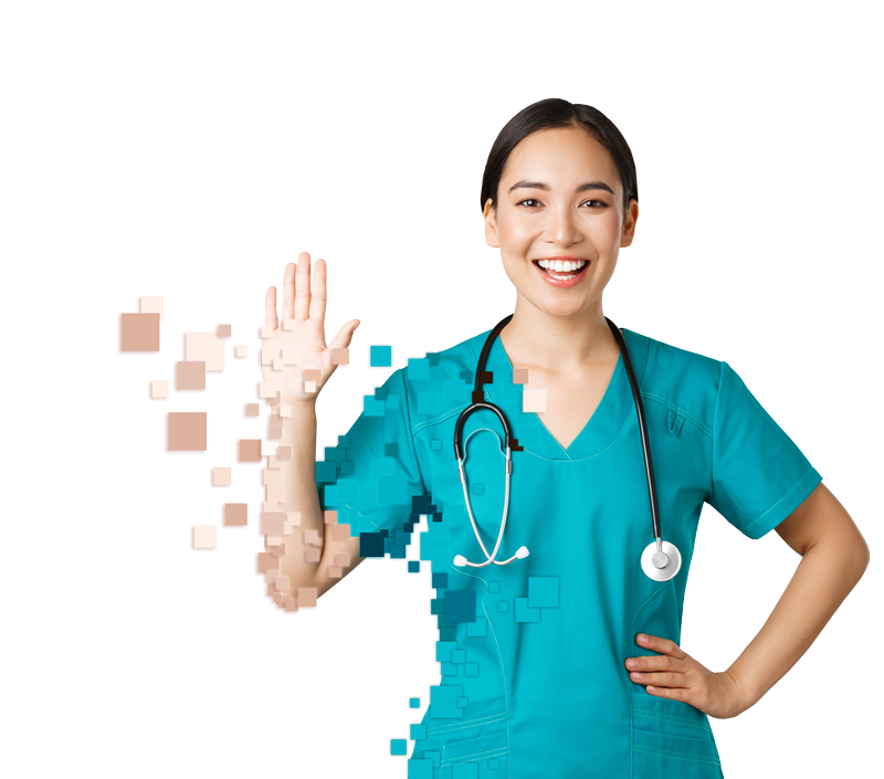 Eine Krankenschwester mit Stethoskop und verpixelten Farbblöcken
