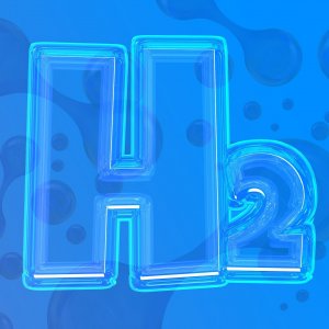 H2 Schrift blau gefüllt mit Wasserstoffmolekülen im Hintergrund